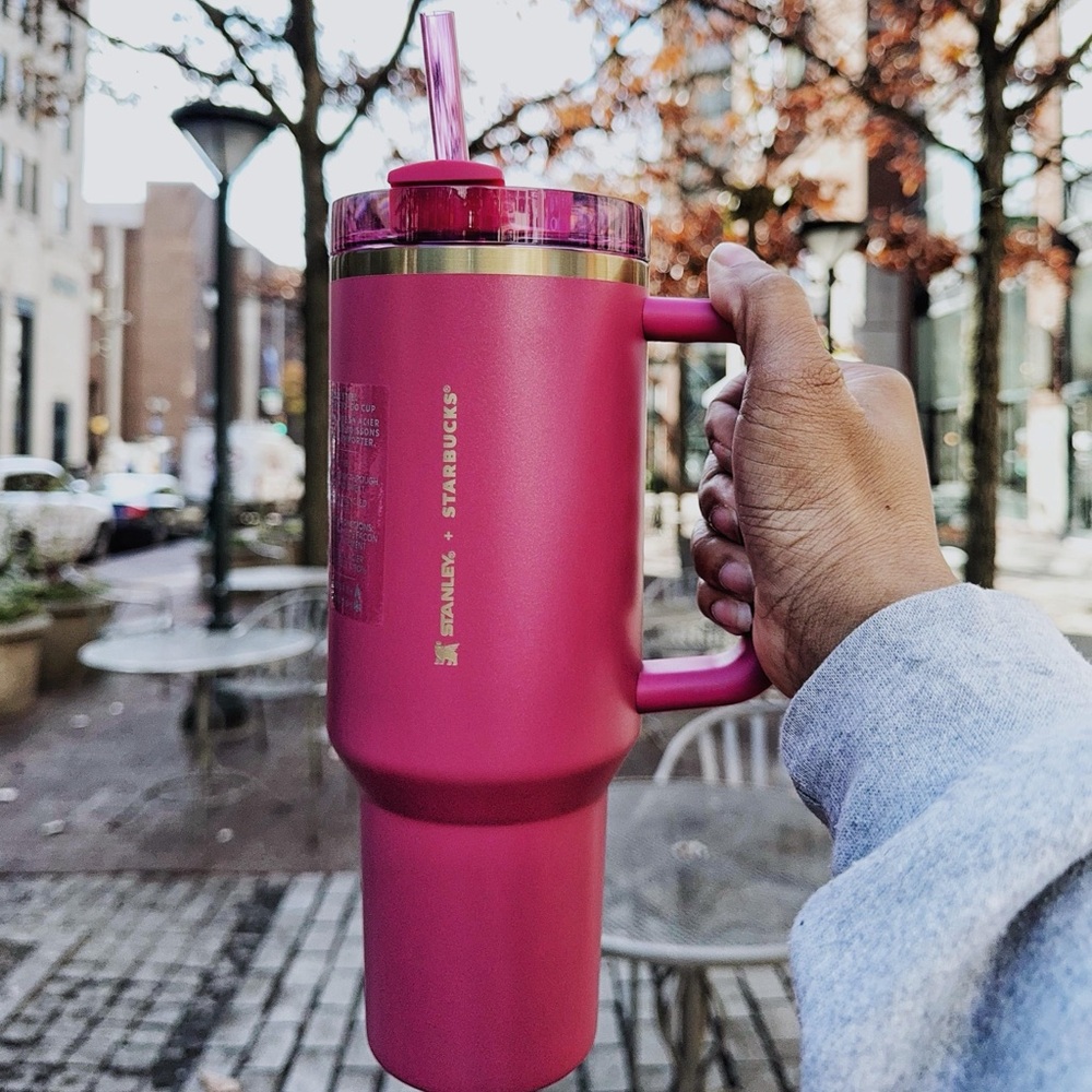 Starbucks X Stanley 2024 Holiday Berry Pink Glitter with Gold Trimming